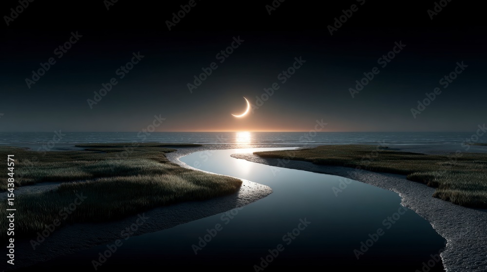 Fototapeta premium Dramatic Sunset Crescent Moon River Delta Aerial