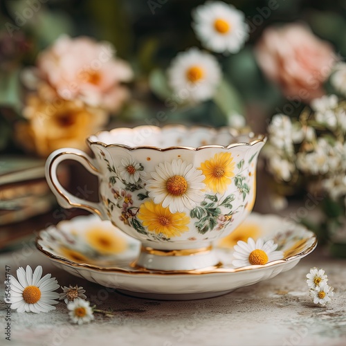 A countryside morning tea scene, teacup placed on a wooden bench with dew-dappled grass and warm golden horizon