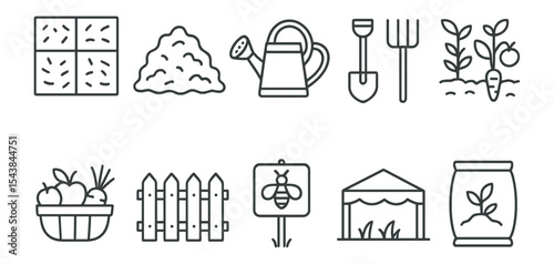 Gardening, agriculture outline icon set for home growing and organic farming
