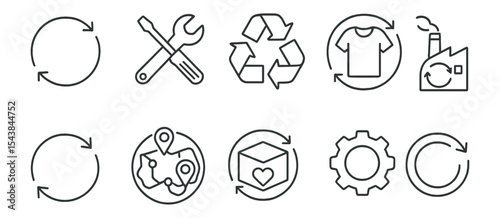 Environment and recycling icon set. circular, clothing, factory icons in line style.