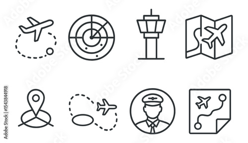 Travel, aviation line icon set. airplane, map, navigation icons linear collection