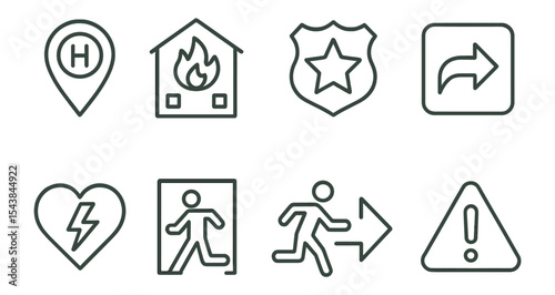 Emergency and safety line icon set. evacuation, alert symbols outline collection