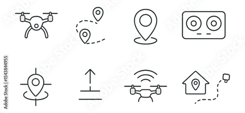 Navigation and drone line icon set. travel, location, aerial illustrations in outline style