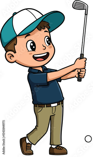 Happy Cartoon Boy Playing Golf, Swinging Club and Hitting Ball, Cheerful Young Golfer Enjoying Sport, Kids' Outdoor Activity, Child's Hobby and Recreation.