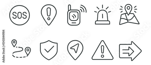 Emergency and navigation outline icon set for quick alerts and safety orientation