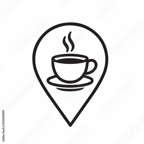 A location pin vector icon with a coffee cup inside, which is a common symbol for identifying a coffee shop or café on a map or digital platform. Location Map Pin Icon Vector Illustration