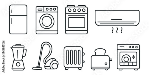 Home appliances outline icon set. kitchen, cleaning, electronics collection
