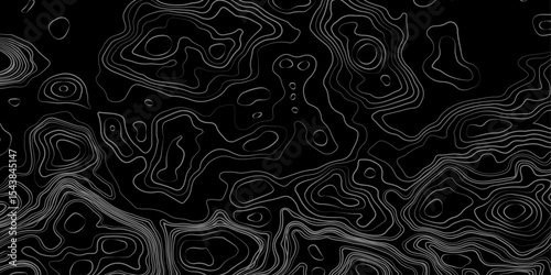 Abstract black and white topographic map illustration in vector style, showing contour lines, curves, and mountain ranges. Seamless pattern inspired by physical geography and terrain relief.