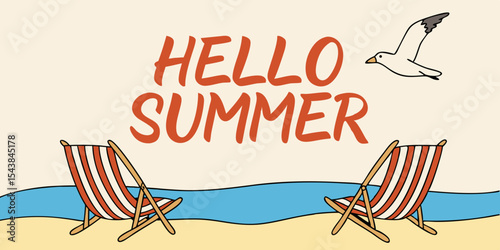Hello summer beach scene with deck chairs