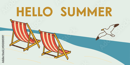 Hello summer beach scene with deck chairs and seagull