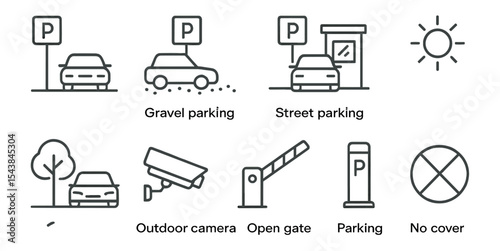 Parking and security outline icon set. car, camera, outdoor symbols outline collection
