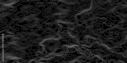 Abstract black and white topographic map illustration in vector style, showing contour lines, curves, and mountain ranges. Seamless pattern inspired by physical geography and terrain relief.