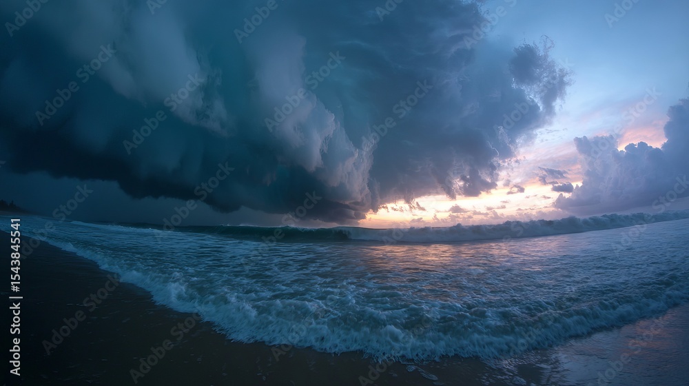 Naklejka premium Dark storm clouds rolling in over ocean during hurricane season morning