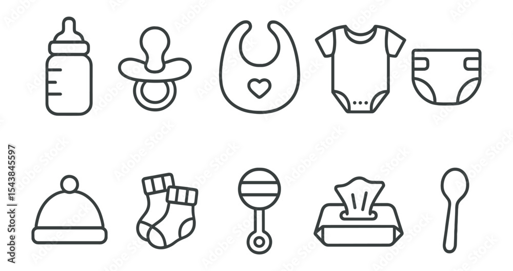 Fototapeta premium Baby essentials icon set: outline icons for nursery, feeding, and care needs