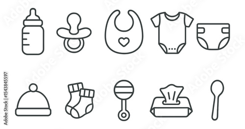 Baby essentials icon set: outline icons for nursery, feeding, and care needs