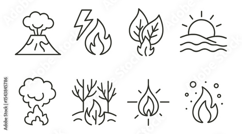 Natural disaster line icon set. volcano, earthquake, fire, flood line art collection