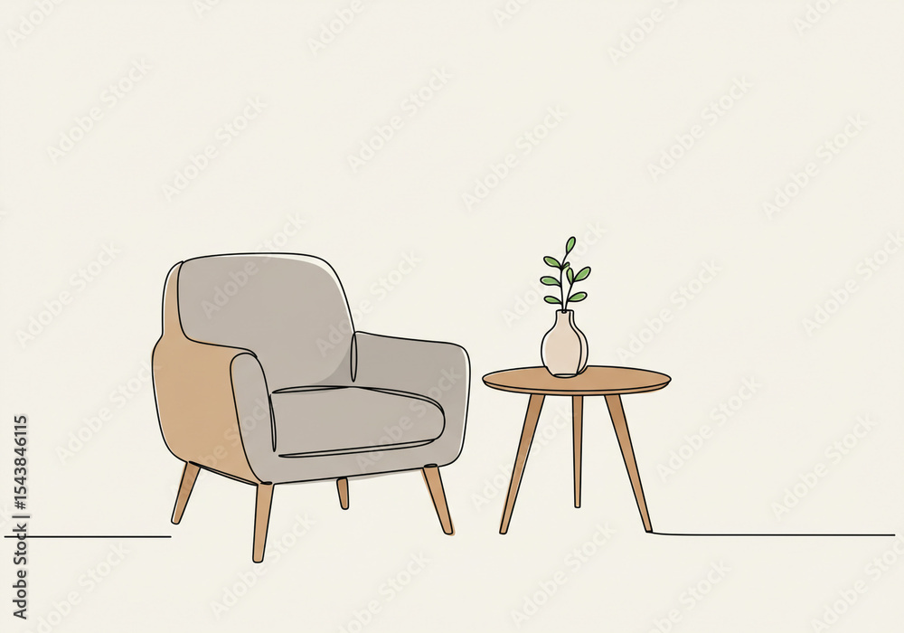 Fototapeta premium A minimalist illustration of an armchair and side table with a vase and plant on a light background