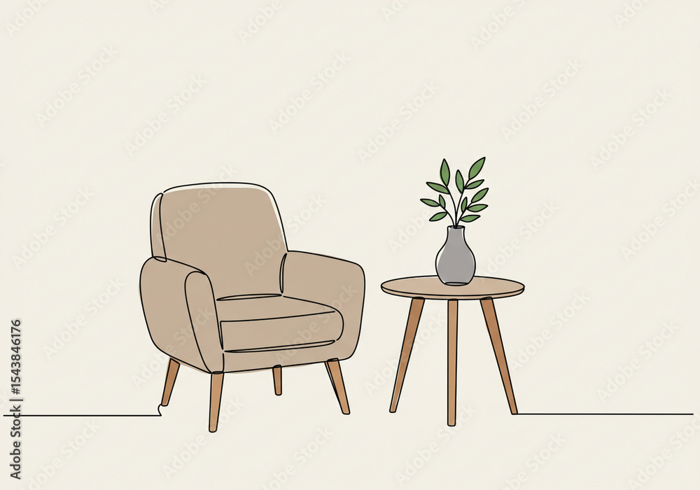 Fototapeta premium A minimalist line drawing of a beige armchair next to a round table with a plant in a vase