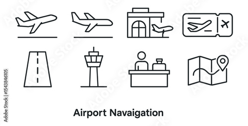 Airport navigation line icon set. flight, ticket, terminal icons in outline style