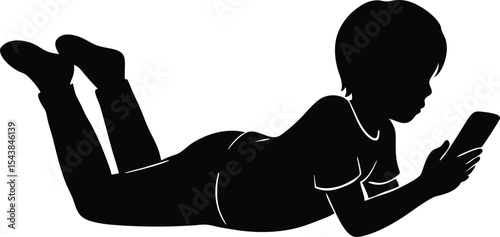 boy laying down and looking smartphone silhouette vector