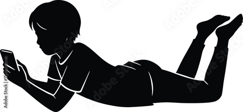 boy laying down and looking smartphone silhouette vector