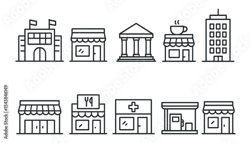 City buildings icon set. museums, shops, offices, cafes, outline icons collection