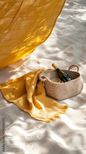 Beach Picnic Scene with Wine Bottle and Wicker Basket in Sunny Shade