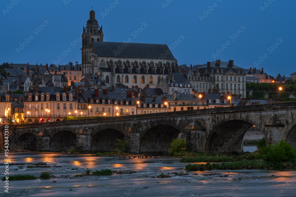Obraz premium View of the Loire River embankment with Saint Louis Cathedral and the Jacques Gabriel Bridge on an early summer morning, Blois, Loire and Cher, France