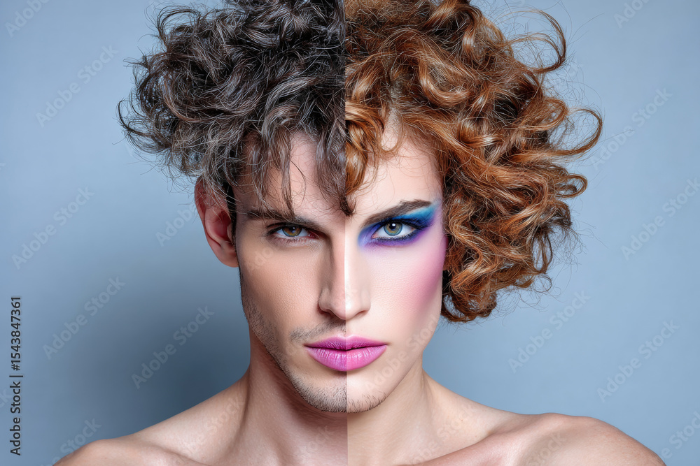 Fototapeta premium Striking Androgynous Portrait Showing Gender Fluidity with Expressive Makeup for LGBTQ+ Pride