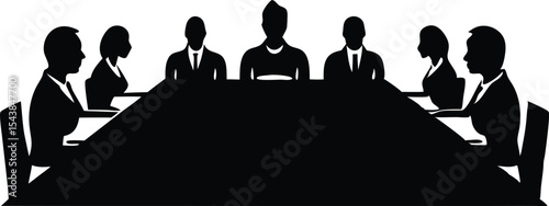 group of people sitting around a long table silhouette vector