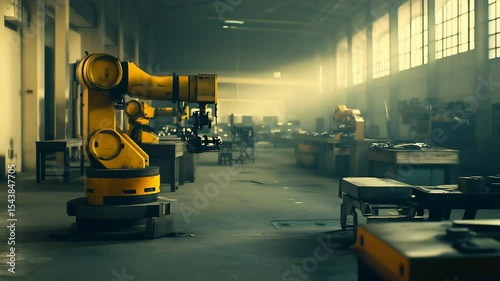 An old factory of worn out futuristic robot, Old machine, Robot arm machinery in abandoned old factory, Slung derelict forsaken outcast	