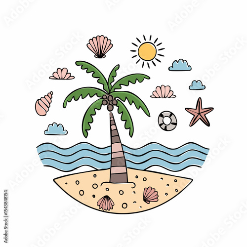 Hand drawn summer vintage icon set. Palm tree, sun and sea, seashells, coral, in doodle sketch style.