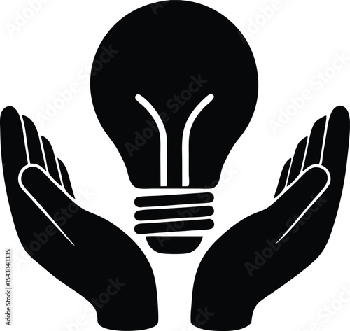  light bulb held gently in hands symbolizing silhouette vector.