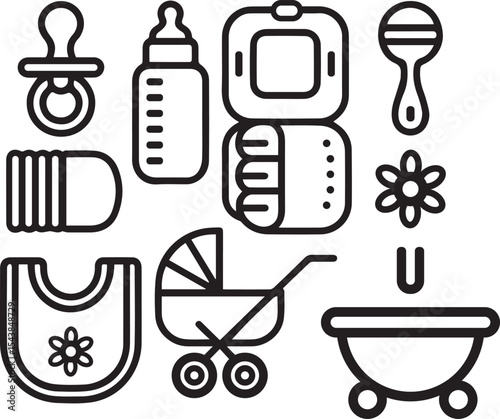 Baby Items Outline Icons Collection Pacifier Bottle Diapers Bath Stroller and More