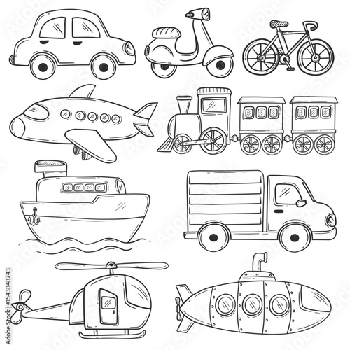 Hand Drawn Transportation Vector Set – Doodle Vehicles Collection Illustration