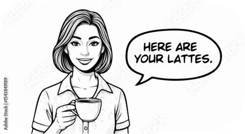 An intern holding a cup of coffee says, "Here are your lattes."