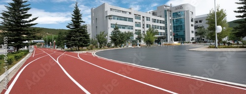 A vibrant high school campus features a red running track in front of modern buildings under a clear blue sky. The well-maintained grounds highlight active outdoor spaces.