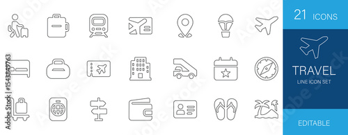 Essential Travel Line Icons for holiday, vacation and  tourism. Vector set incl. suitcase, airplane, map. Boost your travel app web design