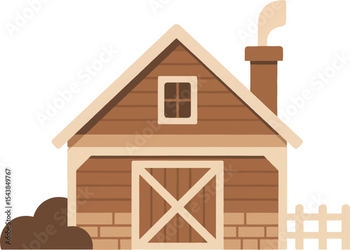 Flat Design Wooden Farmhouse with Chimney and Fence – Rustic Country Barn Illustration