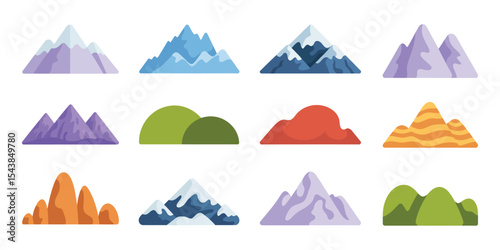 Flat rock mountains relief with snowy cliffs isolated rocky peak and cartoon canyon silhouette nature hiking vector design

