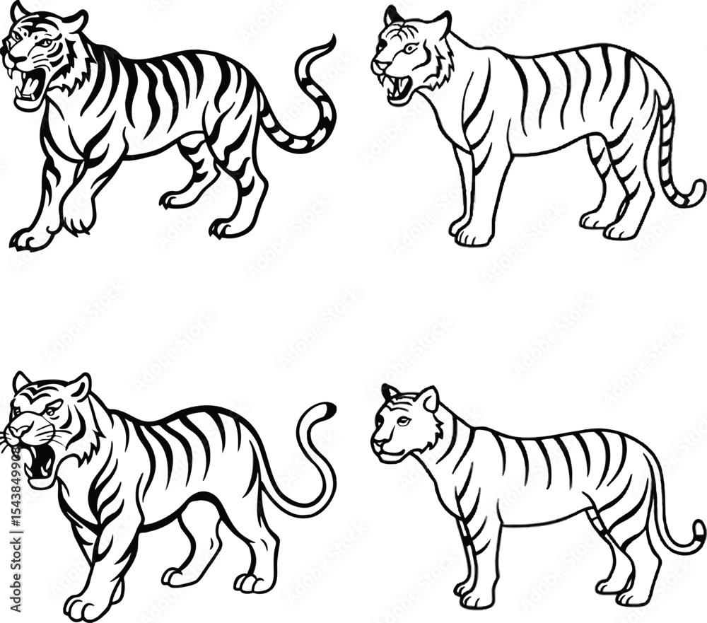 Fototapeta premium Set of Detailed Line Art Tiger Set on a white background 