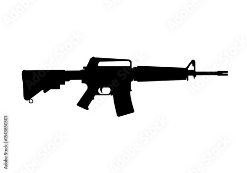 Isolated silhouette of an ar fifteen style rifle on a plain white background in a studio shot