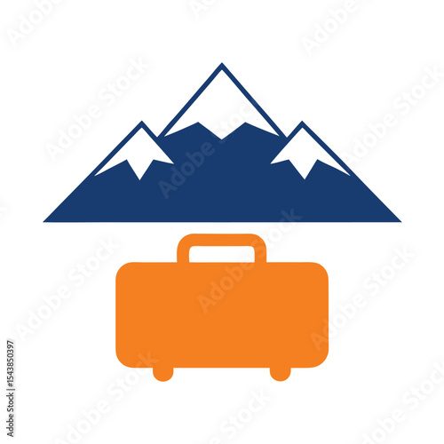 Orange Suitcase Below Blue Mountains with White Peaks Travel Icon Graphic luggage