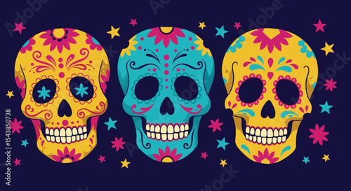 Colorful sugar skulls with floral patterns on dark background  for Day of the Dead celebrations and holiday decor
