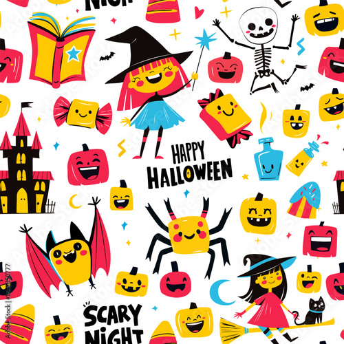 Halloween Night Pattern for Kids Happy Pumpkins, Spiders, Magic and Smiling Witch