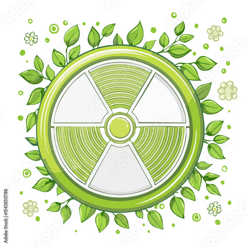 Green Radioactive Symbol with Leaves and Flowers on Black Background