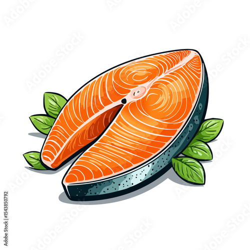 Salmon Steak Illustration with Fresh Basil Leaves on Black Background