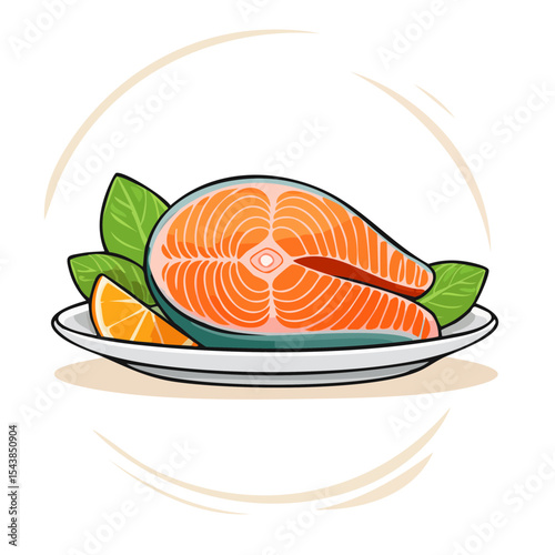 Fresh salmon steak with basil leaves and orange slice served on a white plate