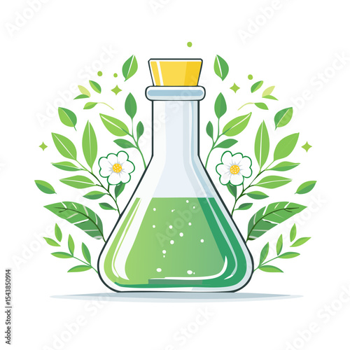 Illustrative Erlenmeyer Flask Filled with Green Liquid Surrounded by Leaves and Flowers on Dark Background