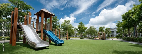 Colorful playground with slides and climbing frames invites children to play in vibrant outdoor park surrounded by trees and green grass